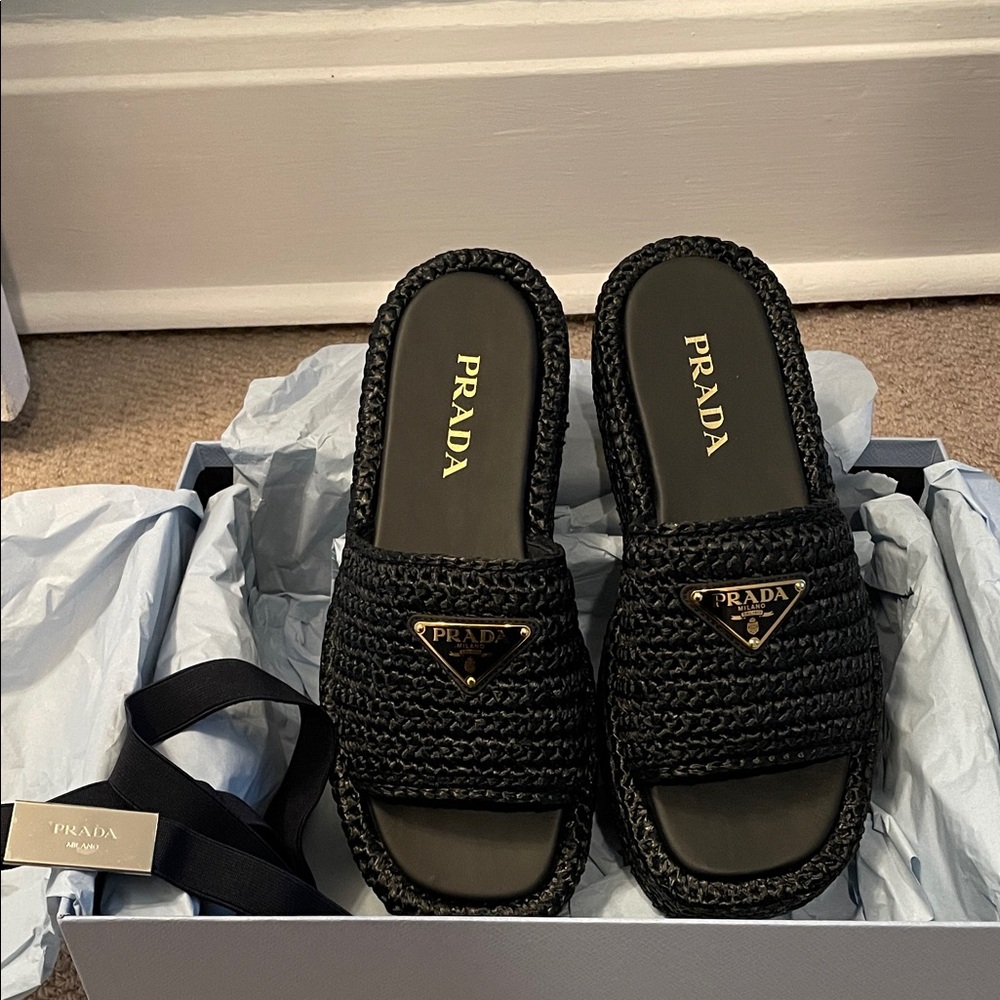 Prada Black Braided Slide Sandals
